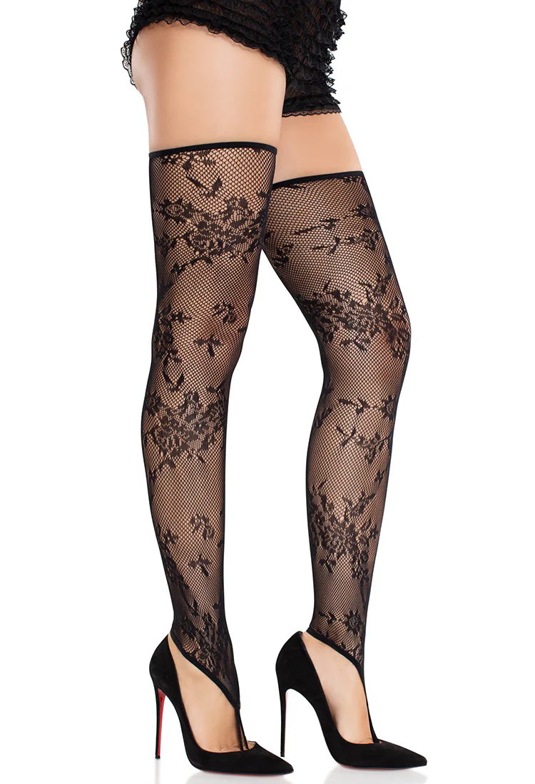 Floral Net Toe Loop Footless Thigh Highs - Image 3