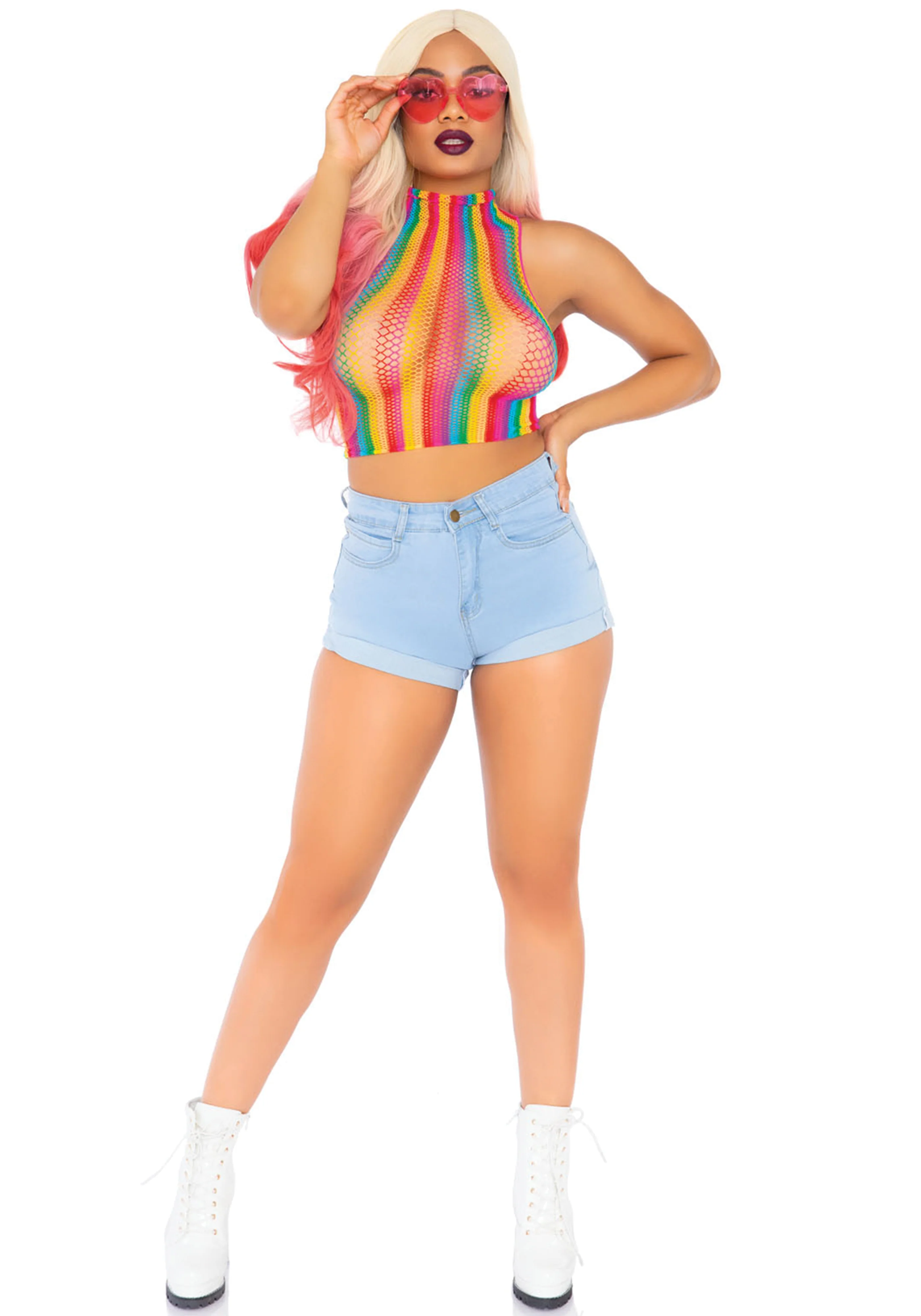 Rainbow Net High Neck Crop Top - Image 3