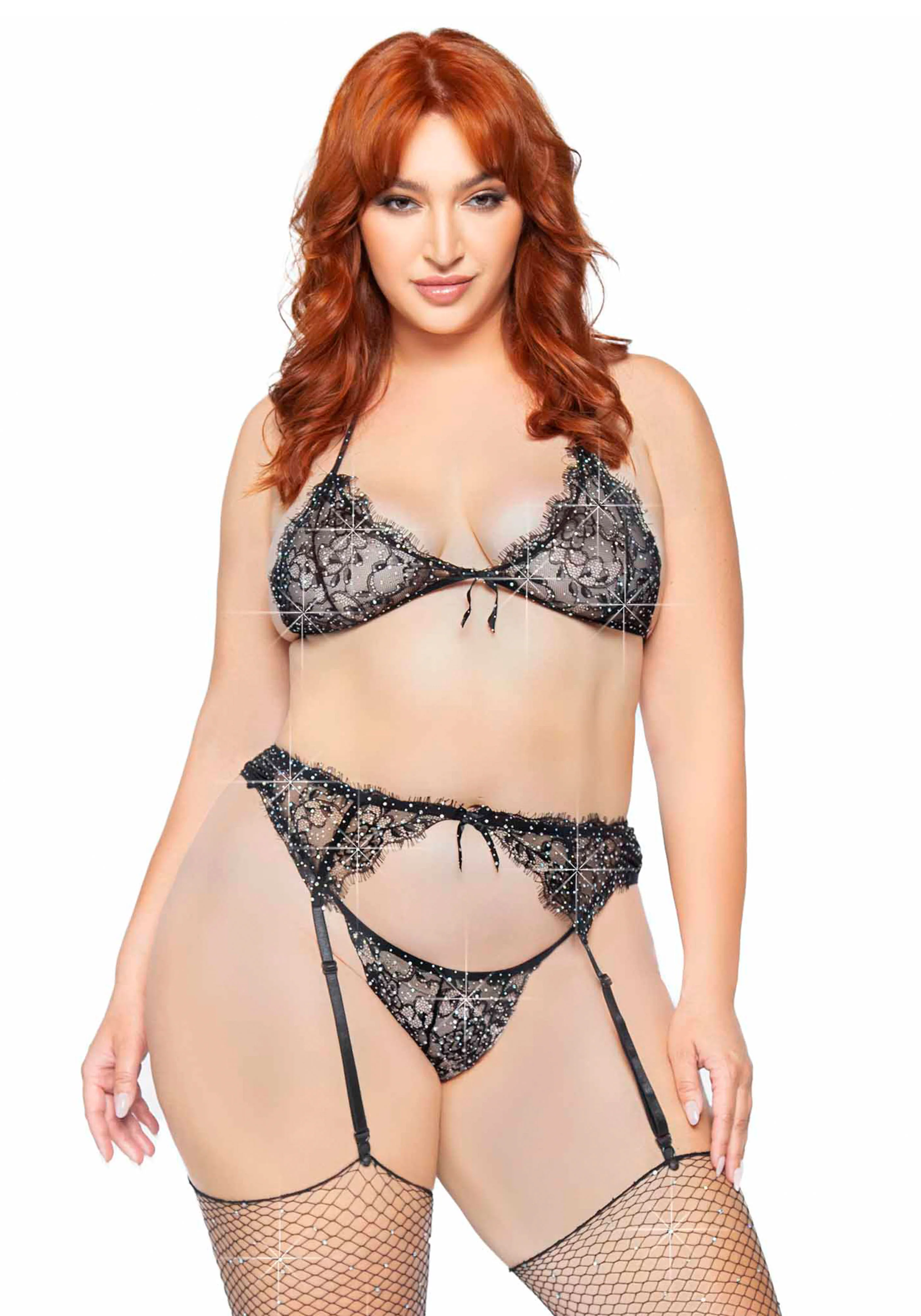 Plus Lace Bra Top, String and Garter Belt - Image 3