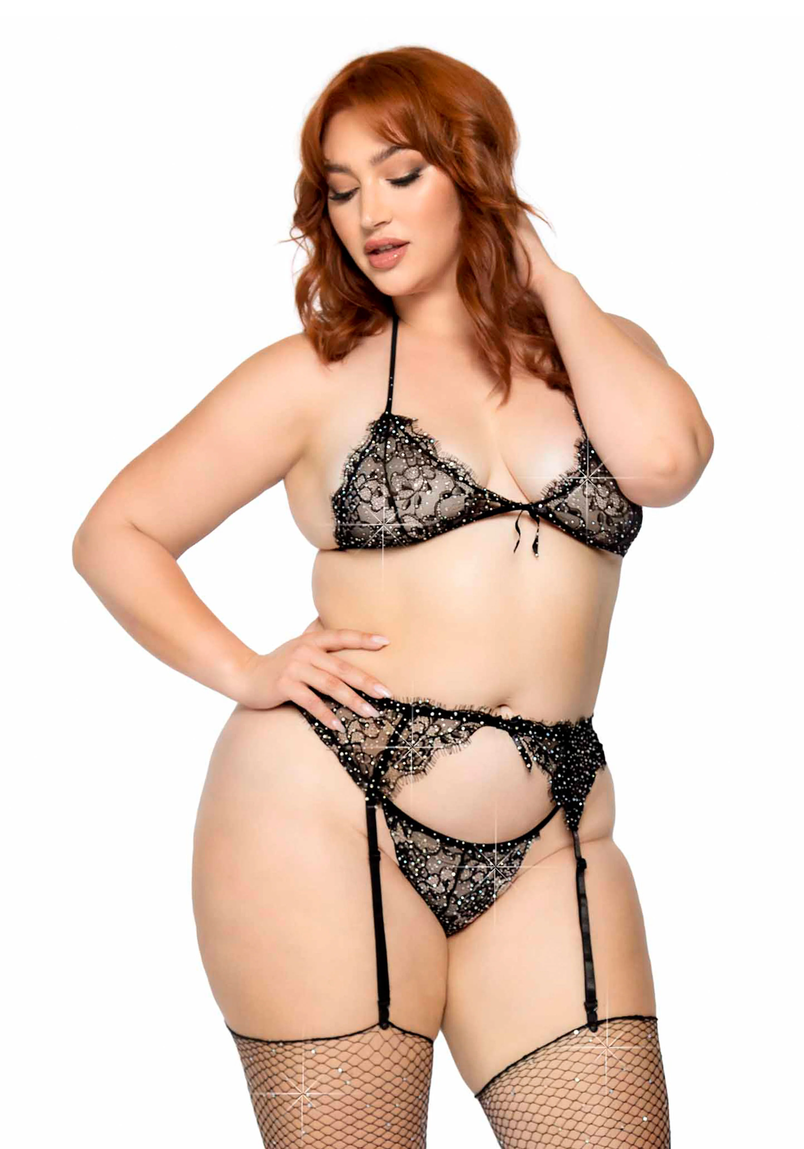 Plus Lace Bra Top, String and Garter Belt - Image 4