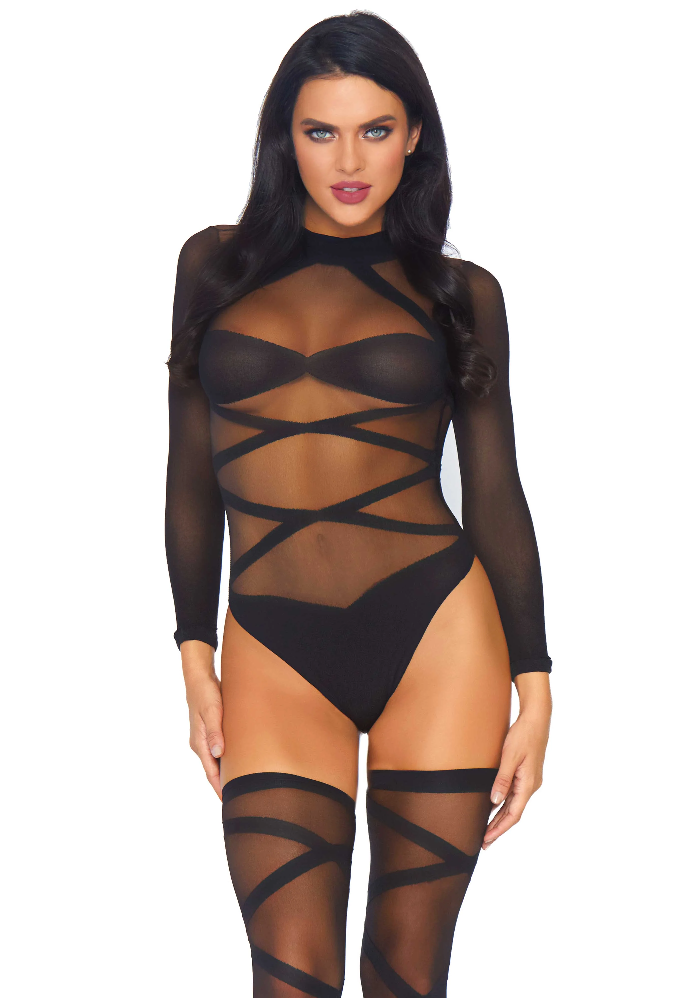 Opaque Criss Cross Bodysuit and Thigh Highs - Image 2