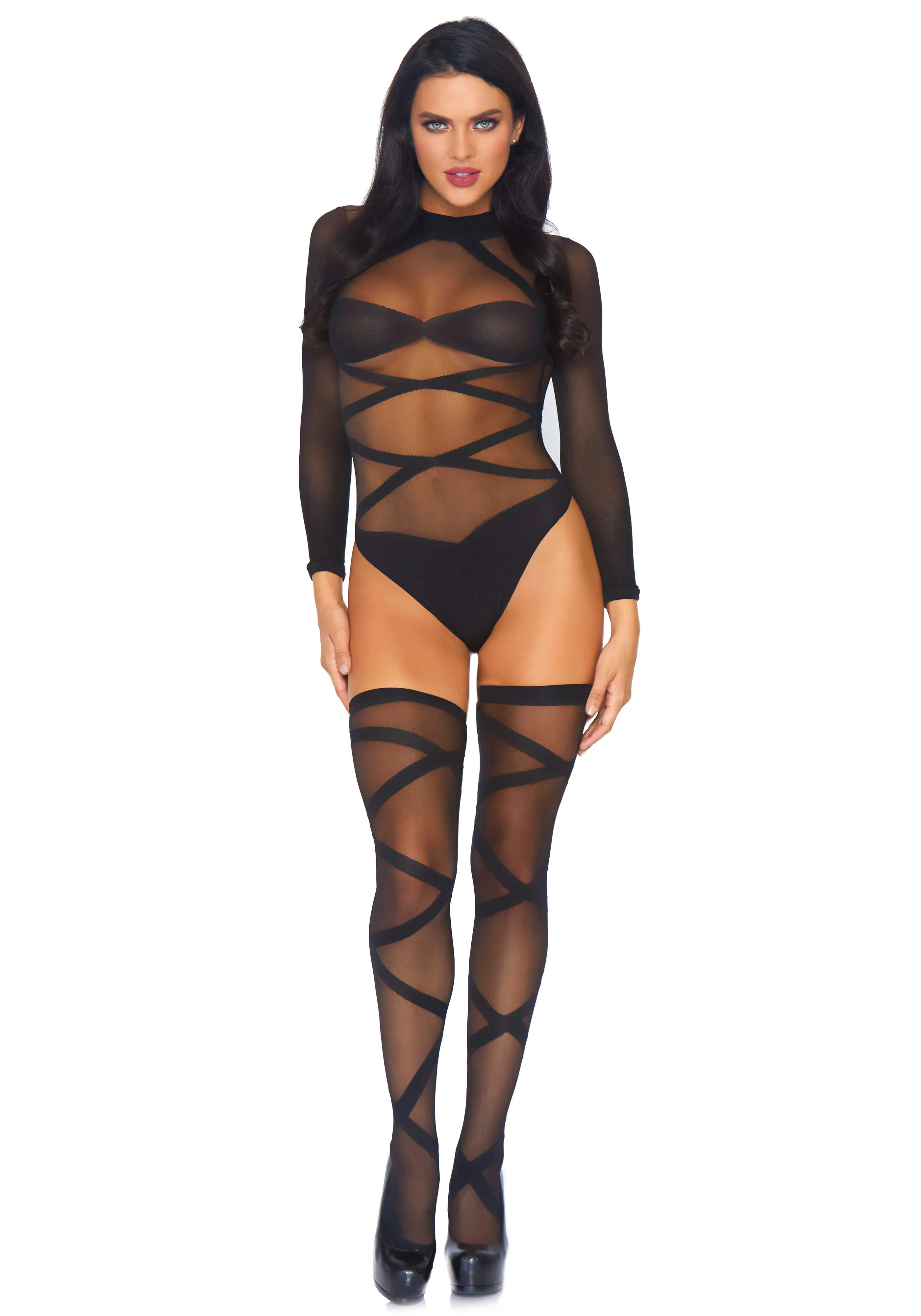 Opaque Criss Cross Bodysuit and Thigh Highs - Image 4