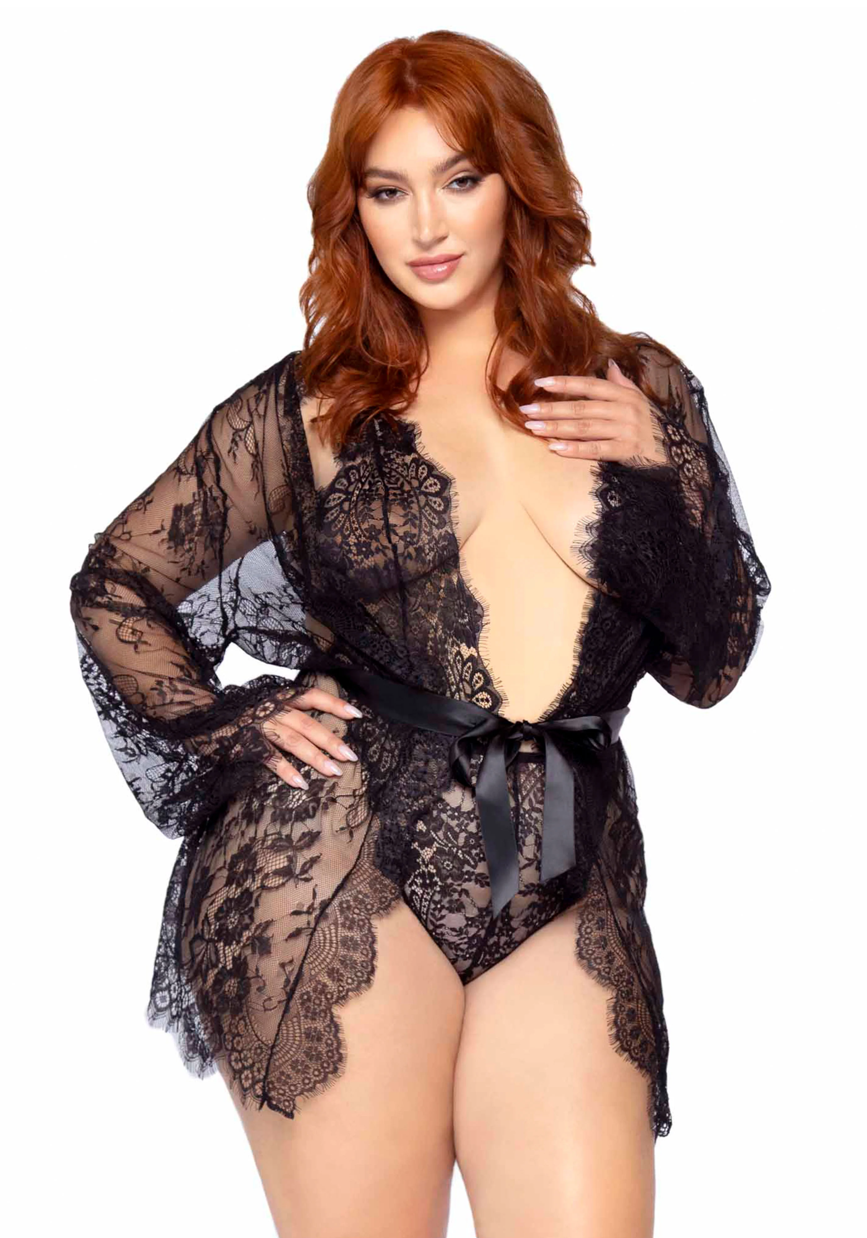 Plus Teddy with Cheeky Thong and Lace Robe - Image 7