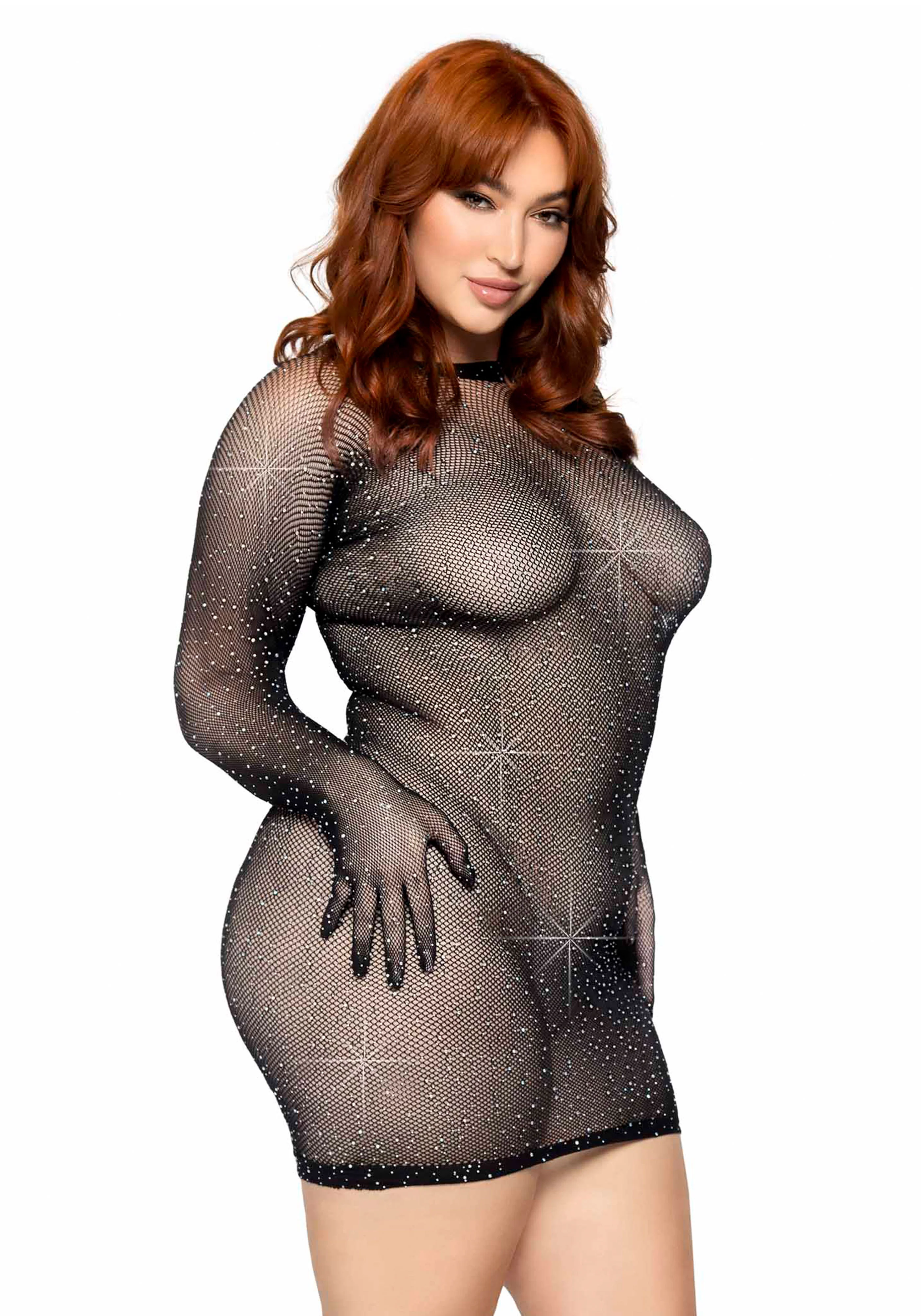 Plus Rhinestone Fishnet Gloved Mini Dress - Image 3