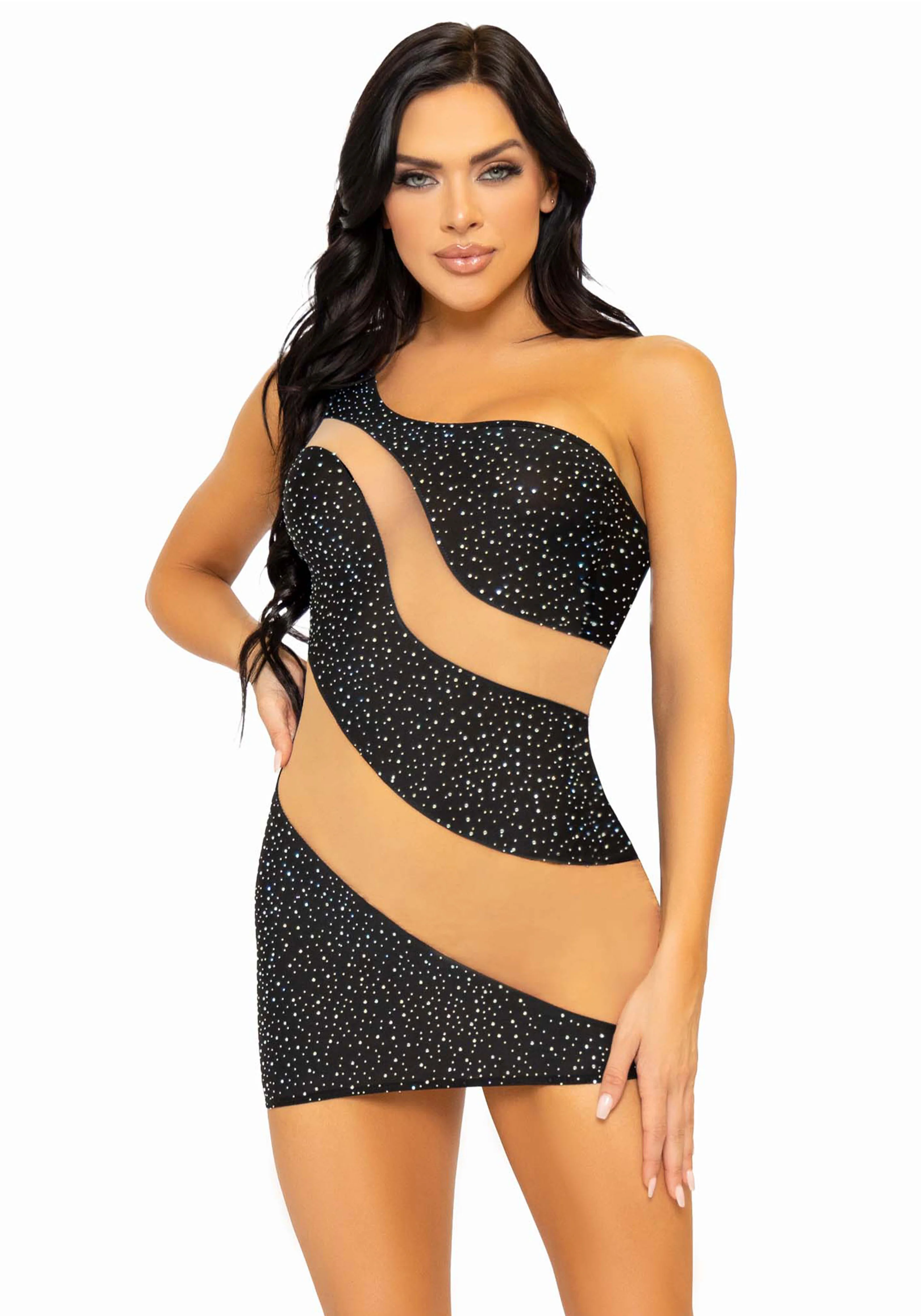 Rhinestone Mini Dress with Mesh Accents