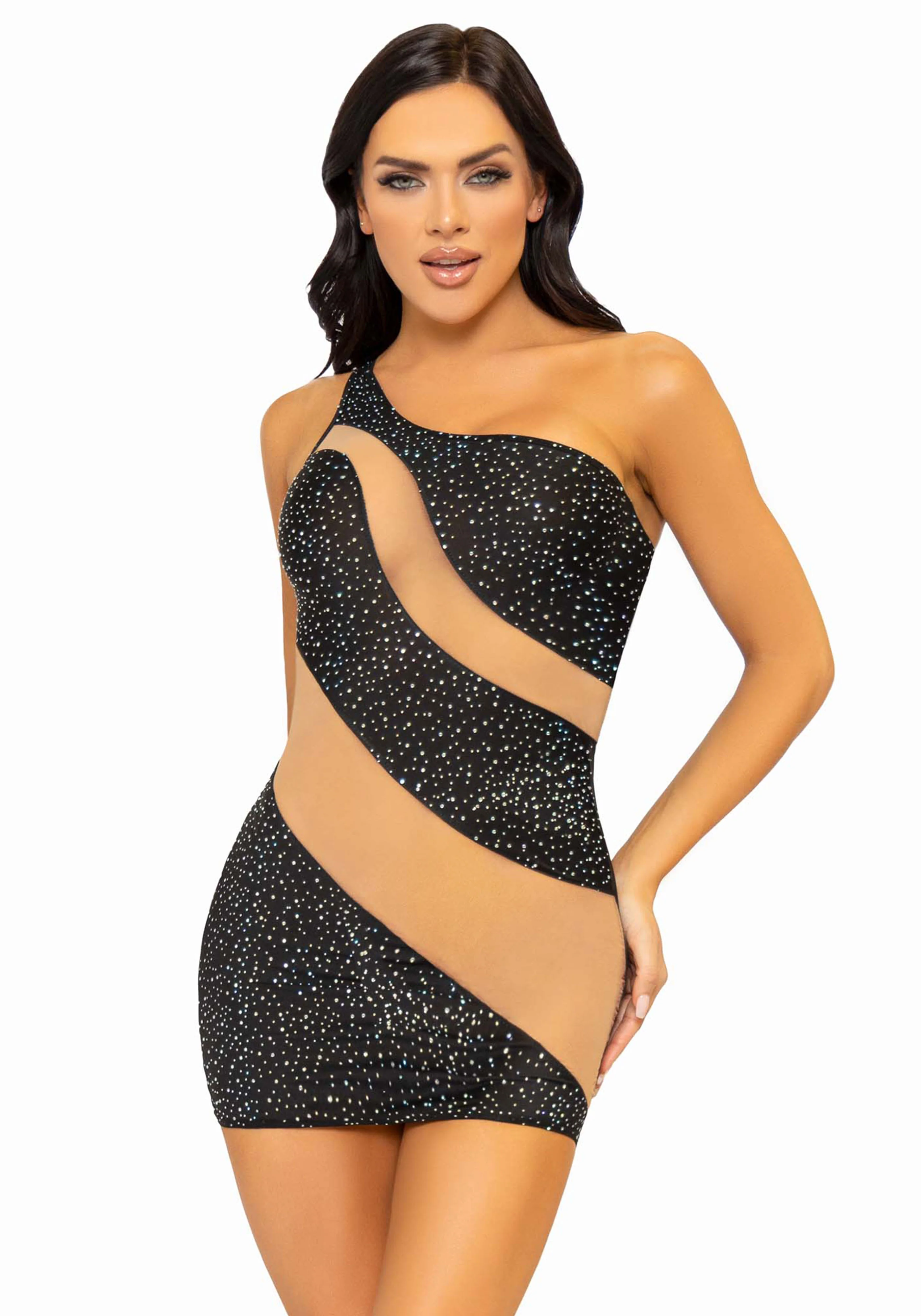 Rhinestone Mini Dress with Mesh Accents - Image 3