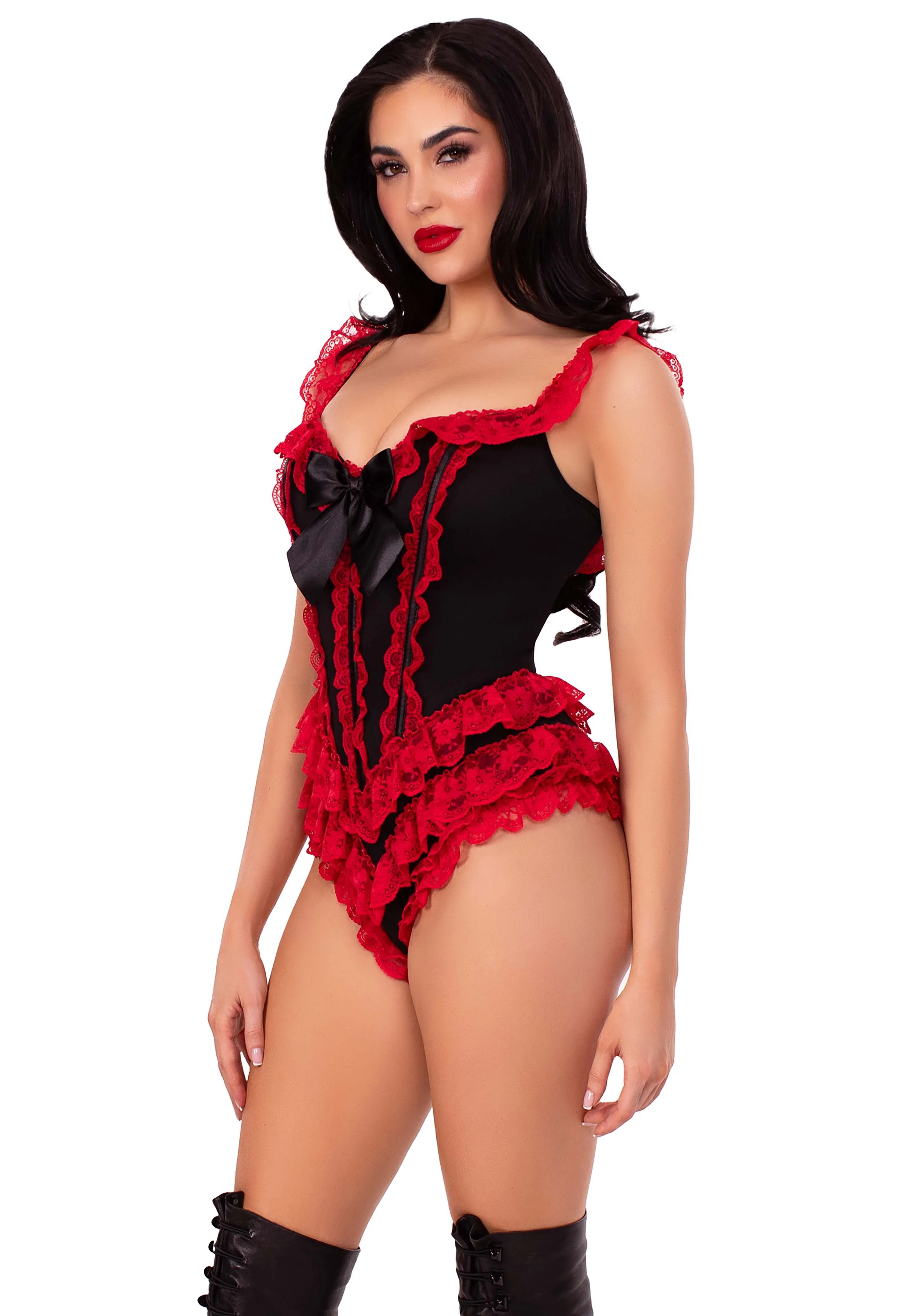 Boned Ruffle Bodysuit with Bow Accent