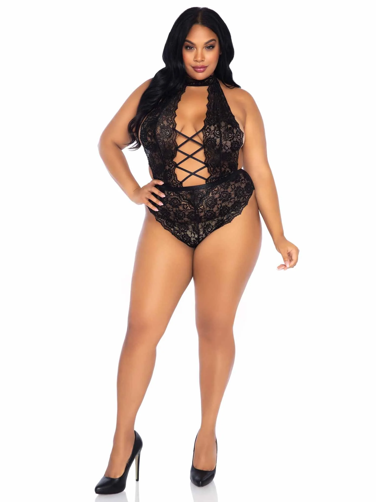 Plus High Neck Crotchless Teddy - Image 11