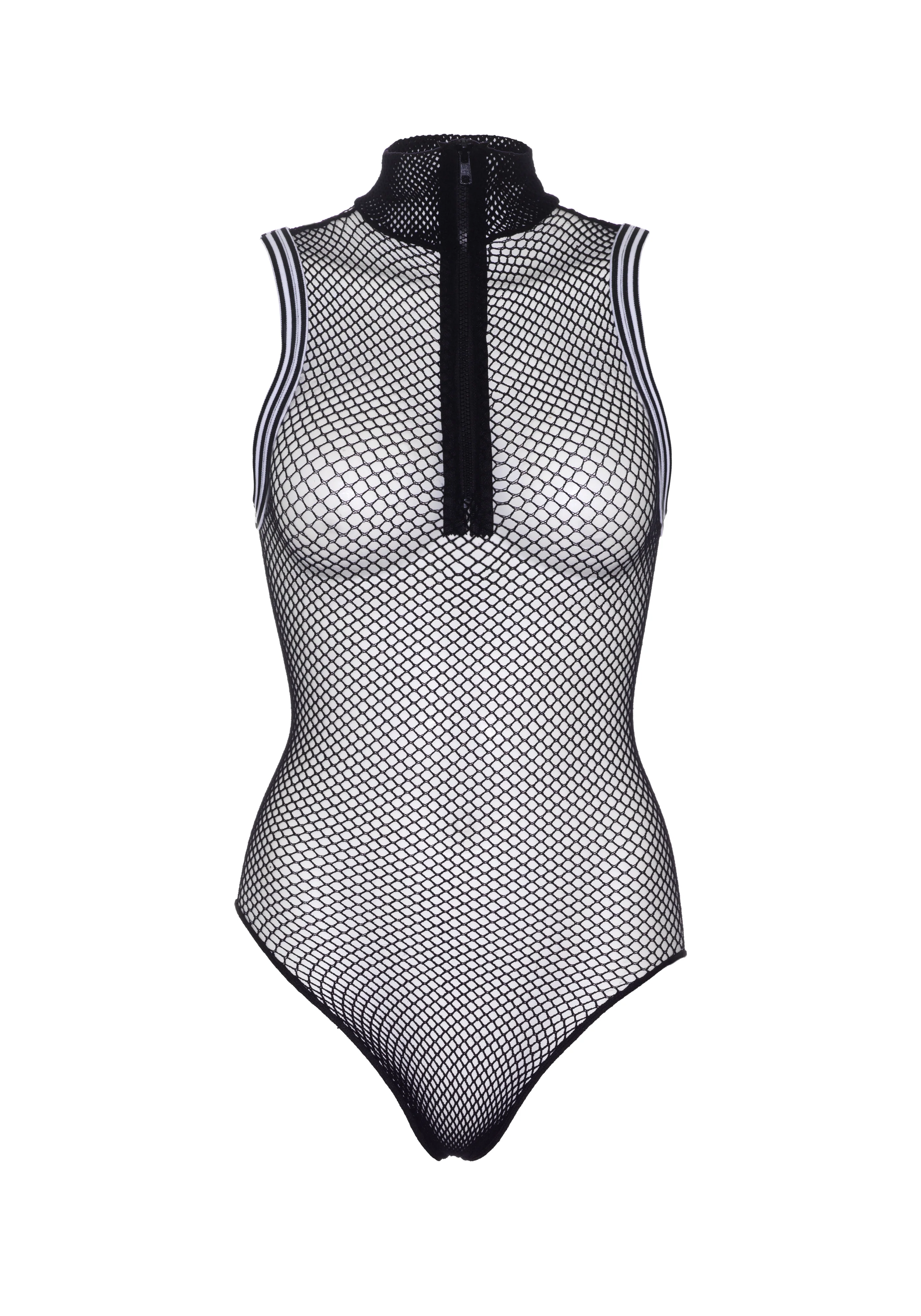 Zip Up Athletic Trim Fishnet Bodysuit - Image 8