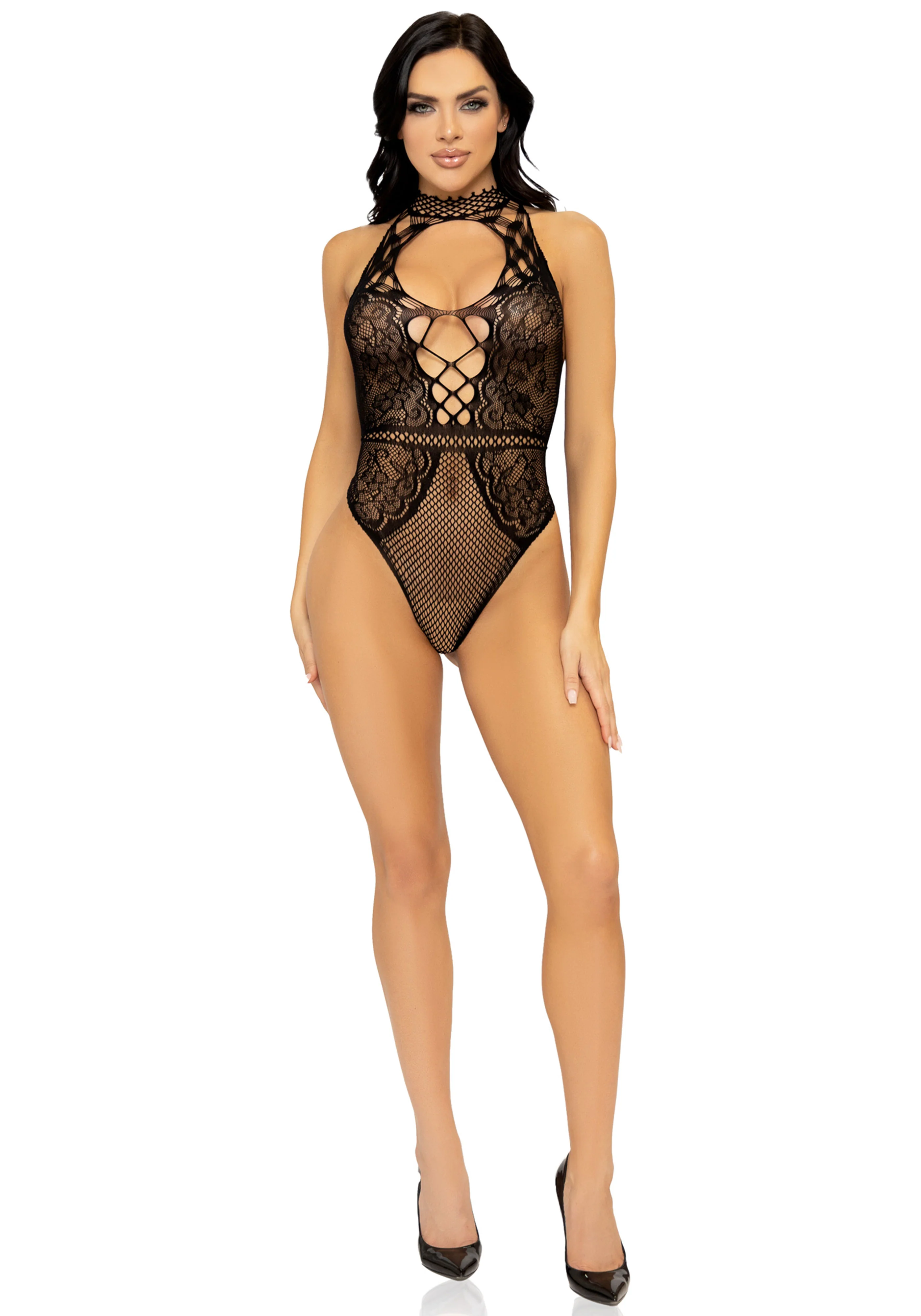 Net and Lace Keyhole Halter Bodysuit - Image 7