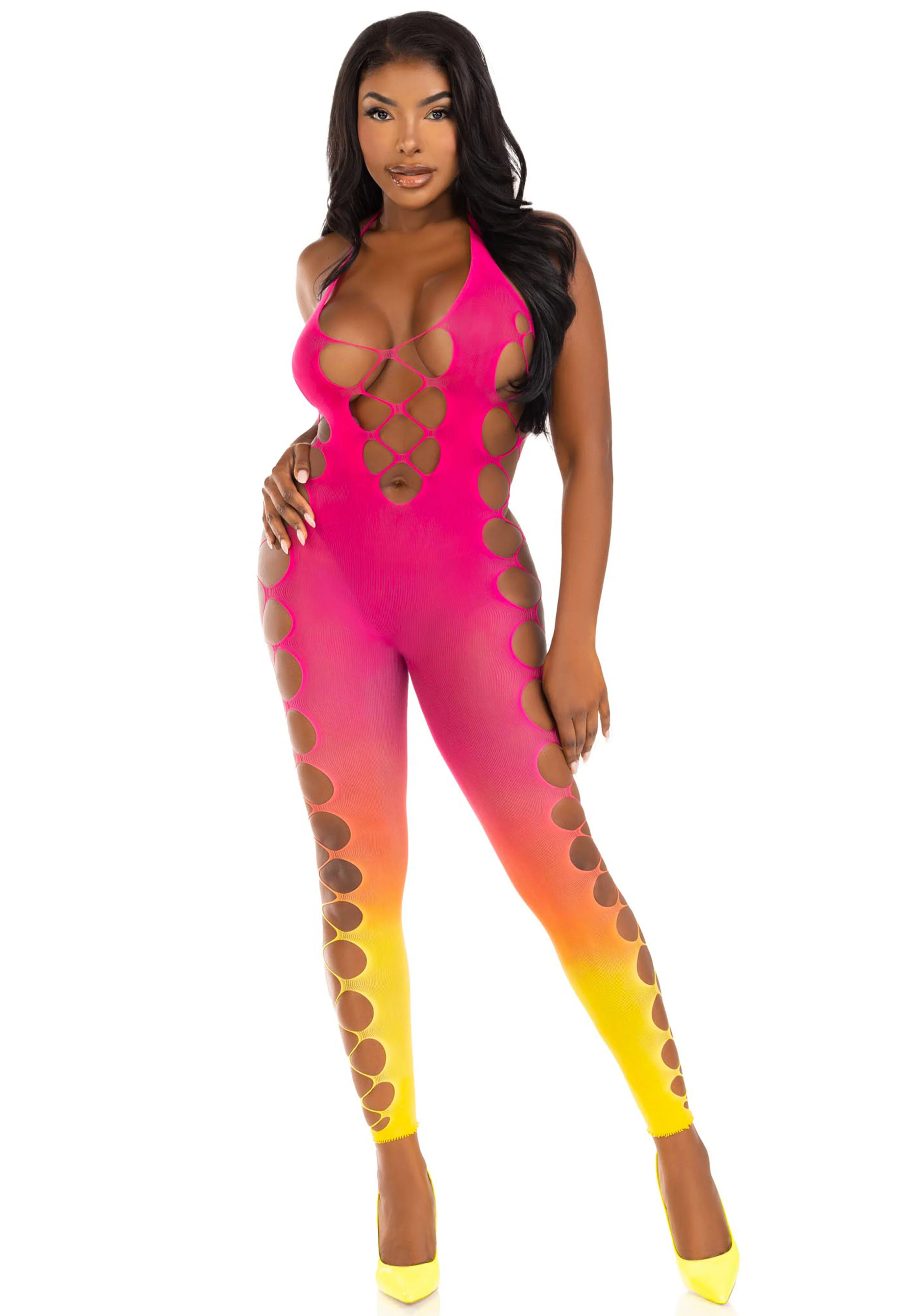 Ombre Faux Lace Up Footless Bodystocking - Image 5